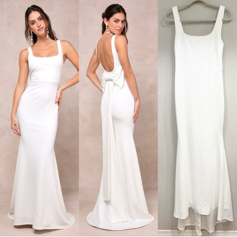 Size M - NWOT‎ Lulus Loving Fate White Bow Square Neck Backless Maxi Dress